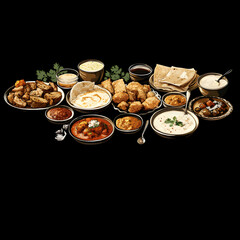 Assorted indian food on black background.