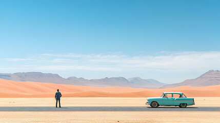 Obraz premium A man standing beside a vintage car on a desert road in northern Namibia, Africa with endless dunes stretching into the horizon