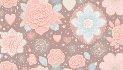 Fototapeta premium seamless Valentine’s Day pattern with hearts, roses, and soft pastel colors. Add subtle elements like sparkling stars, lace, and delicate floral designs