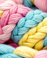 Colorful braided yarn in soft pastel shades of pink, blue, and yellow