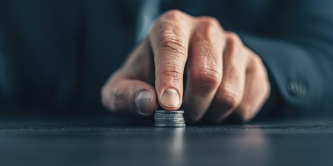 Businessman Counting Coins in Formal Suit with Focus on Hand Gesture and Stack of Coins