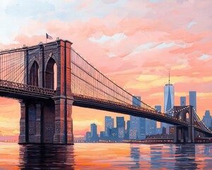 Naklejka premium New York s Brooklyn Bridge in acrylics, blending urban energy with soft pastel sunset tones