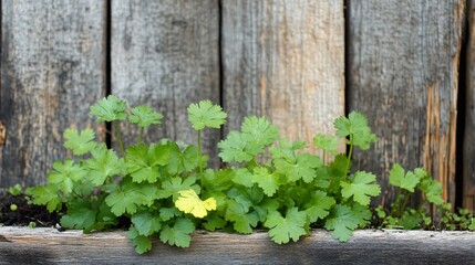 Fototapeta premium Coriander leaves sprouting in a rustic garden bed, with a weathered fence in the background