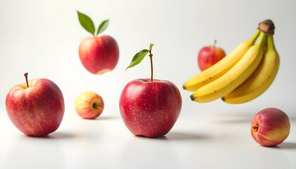 Fresh apples and bananas arranged artistically with leaves on a neutral background