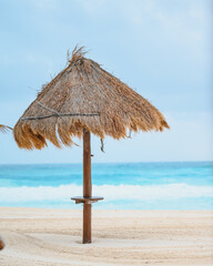 Rustic Beach Umbrella with Turquoise Waves