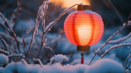 Illuminated Red Lantern In A Snowy Winter Scene