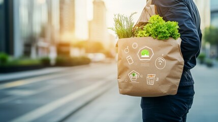 Eco-Friendly Shopping: An Individual Carrying a Brown Paper Bag Full of Fresh Vegetables and Greens on a City Street During Sunrise, Symbolizing Sustainable Living and Healthy Choices