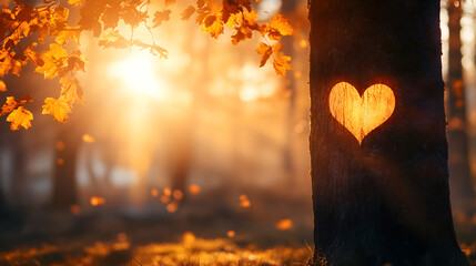 romantic heart-shaped tree carving with glowing sunlight for valentine's day themes