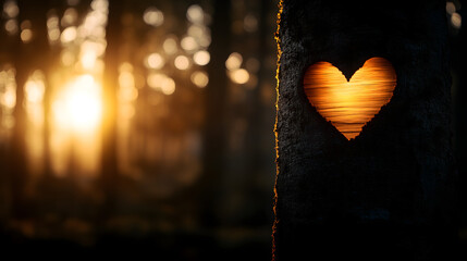 romantic heart-shaped tree carving with glowing sunlight for valentine's day themes