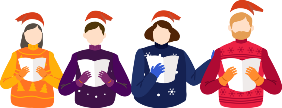 Christmas carolers in festive sweaters