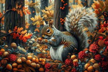 Obraz premium A cute squirrel enjoying acorns amidst colorful autumn foliage in a vibrant forest setting.