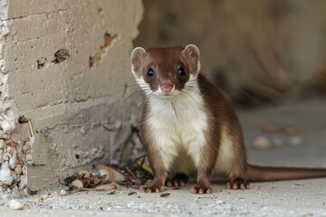Ermine standing near wall, looking at camera.
