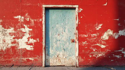 Vibrant red wall with a weathered blue door in an urban setting during daylight hours