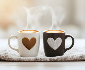 romantic steaming coffee mugs with hearts, perfect for valentine's day themes