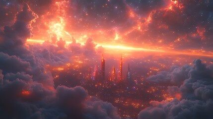 Obraz premium Futuristic city skyline enveloped in fiery clouds and stars.