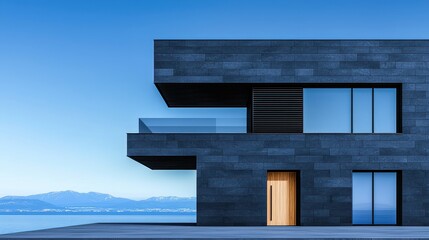 Fototapeta premium Modern Minimalist House Design with Large Windows and Scenic View of the Mountains and Lake