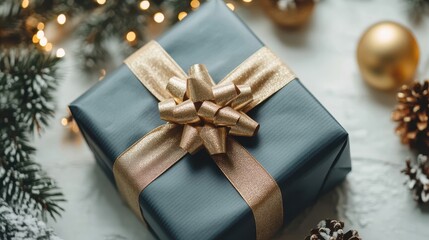 Elegant New Year's Gift Wrapped with Gold Ribbon