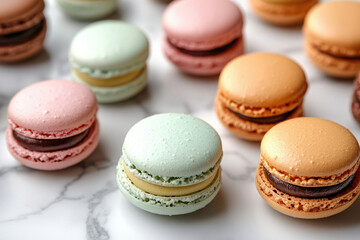 Assortment of colorful macarons with chocolate and cream fillings, displayed on a marble surface.
