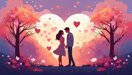 a romantic digital illustration featuring soft, warm colors like pink, red, and lavender. Include heart-shaped motifs, glowing lights, and tender scenes of couples holding hands, sharing a ki