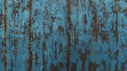top view on old vintage blue wall with red color peeling paint, surface texture background