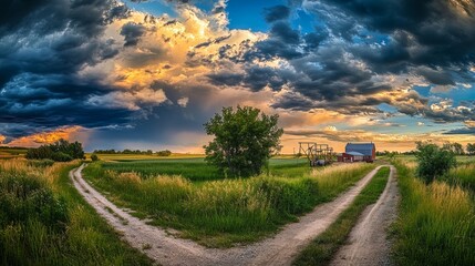 Obraz premium Dramatic Sky Over Farm Landscape at Dusk