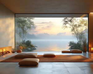 Serene minimalist room with lake view.