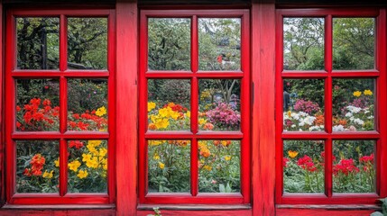 Red window frame reflecting vibrant garden flowers