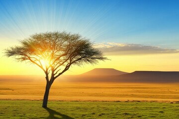 African Savanna Sunset Lion - A lone acacia tree silhouetted against a vibrant sunset, symbolizing serenity, resilience, the circle of life, the beauty of nature, and the vastness of the African savan