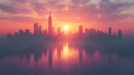 Obraz premium Vibrant urban skyline glowing brightly at sunset reflects on tranquil serene waters wallpaper image
