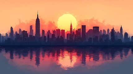 Obraz premium Vibrant urban skyline glows at sunset mirrored perfectly in serene waters wallpaper image