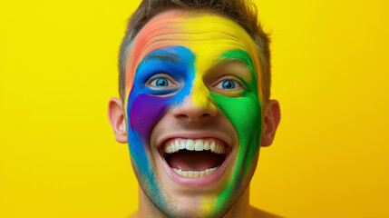 Young caucasian adult male with vibrant multicolored face paint and joyful expression