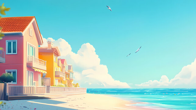 Sunny beach flat design side view summer vacation theme animation vivid. Seabreeze. Illustration