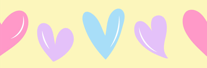 Fototapeta premium Seamless pattern with colorful hearts for Valentine's Day. Cute romantic background, border, ribbon.