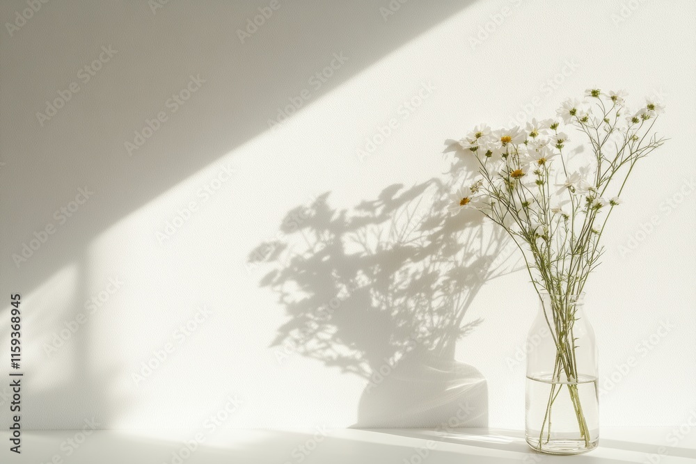 Poster minimalist still life featuring wildflowers in a clear glass vase with natural light and subtle shad