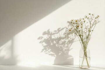 Fototapeta premium Minimalist still life featuring wildflowers in a clear glass vase with natural light and subtle shadows for mock up design. Generative AI