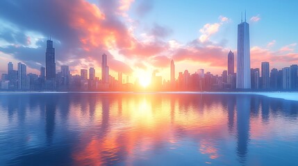 Fototapeta premium Peaceful waters mirror the illuminated urban skyline glowing and radiant sunset hues wallpaper image