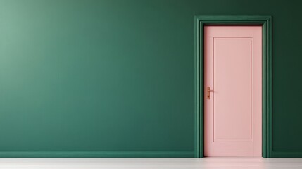 Elegant Pink Door Framed by Rich Green Wall in Minimalist Interior Design, Perfect for Home Decor Inspiration and Stylish Aesthetic Backgrounds