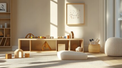 Minimalist modern playroom with clean, fun design. Featuring neutral tones and sleek furnishings
