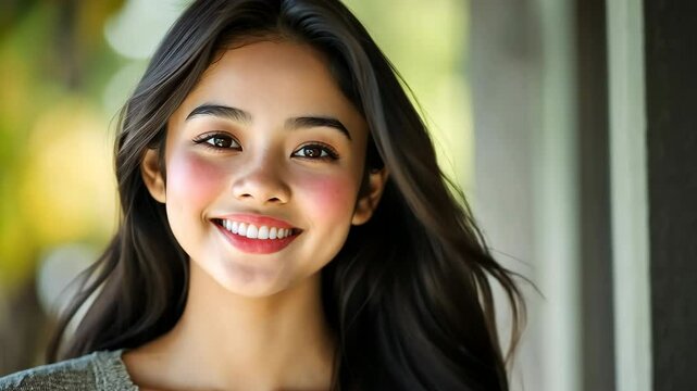 The young Hispanic woman exudes confidence as she flashes a bright smile directly at the camera, her eyes sparkling with warmth and sincerity