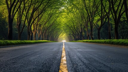 Fototapeta premium Asphalt road lined by lush green trees creating a tunnel effect. Sunlight streams through the canopy.