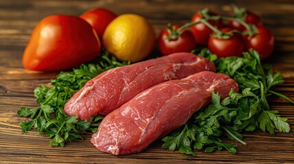 Raw pork tenderloin on parsley with tomatoes and lemon.