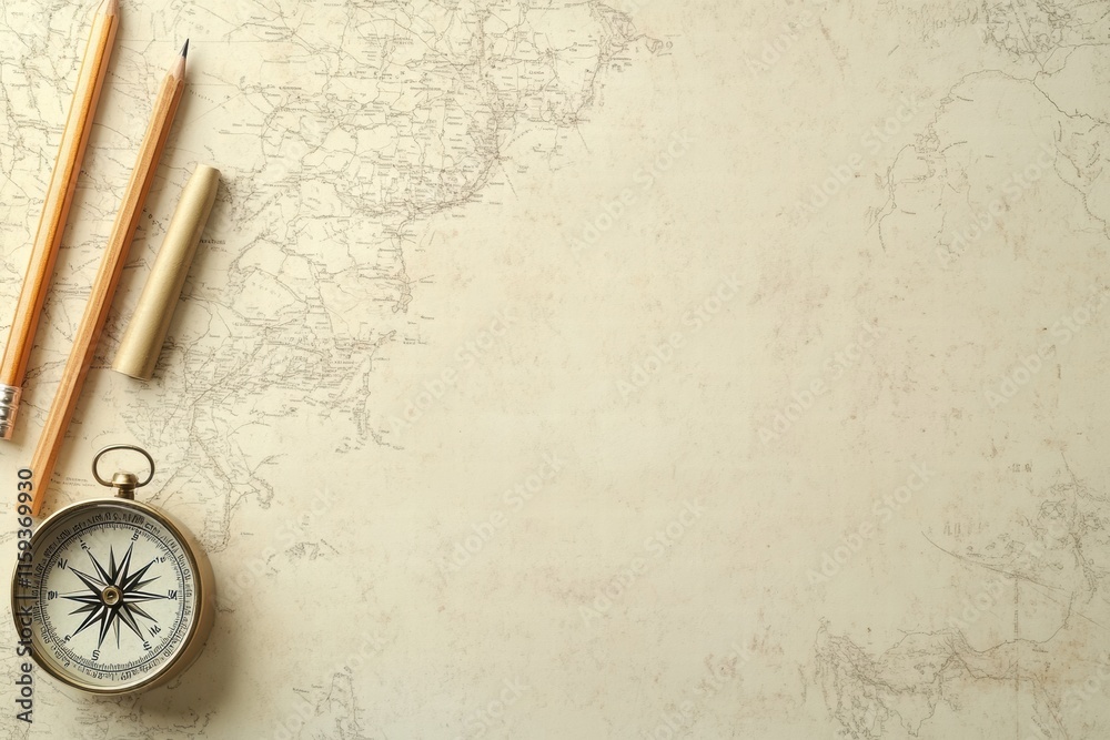 Poster Vintage compass, pencils, and a map on a blank surface inviting exploration and discovery of unknown places. Generative AI
