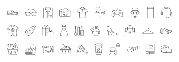 E-commerce Icon set in line style for Digital Stores and Online Shopping. Set of minimal vector icons representing e-commerce items like electronics, food, clothing and accessories. Editable strokes.