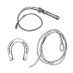 Vector set of hand-drawn illustrations of horse equipment. Black and white sketches of horseshoe, lasso and whip. Wild West symbols.