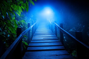 Jungle Fog Path Ascent - Mystical wooden stairs ascending through a foggy jungle at night, symbolizing adventure, mystery, journey, hope, and the unknown.