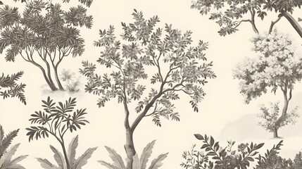 Obraz premium Monochrome Botanical Print Featuring Varied Trees and Plants