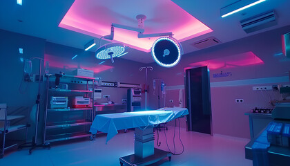 equipment and medical devices in modern operating room take with art lighting and blue filter