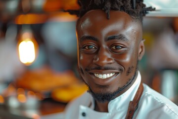 Obraz premium A joyful chef smiles in a professional kitchen, showcasing passion and creativity for culinary delights.