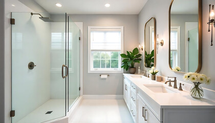A sleek, modern, spacious bathroom with a large glass shower enclosure, white vanity with a marble countertop, and recessed lighting, Contemporary bathroom, created with generative ai