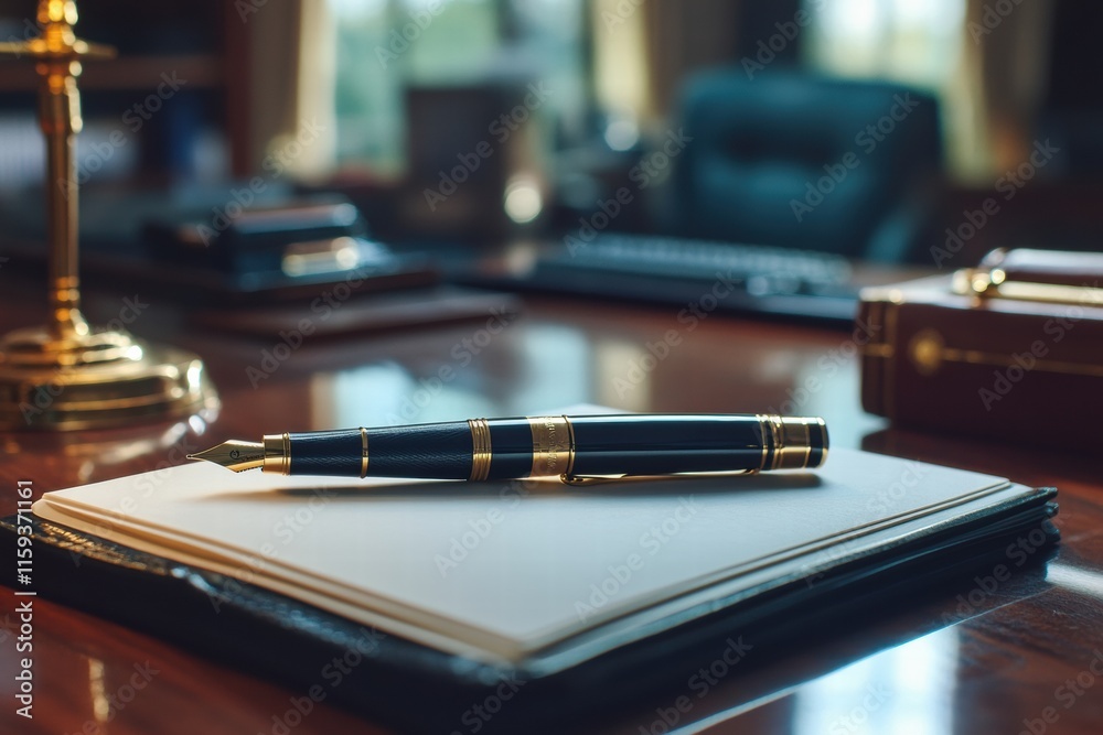 Poster luxury fountain pen with elegant gold accents resting on a crisp sheet of paper in an upscale office
